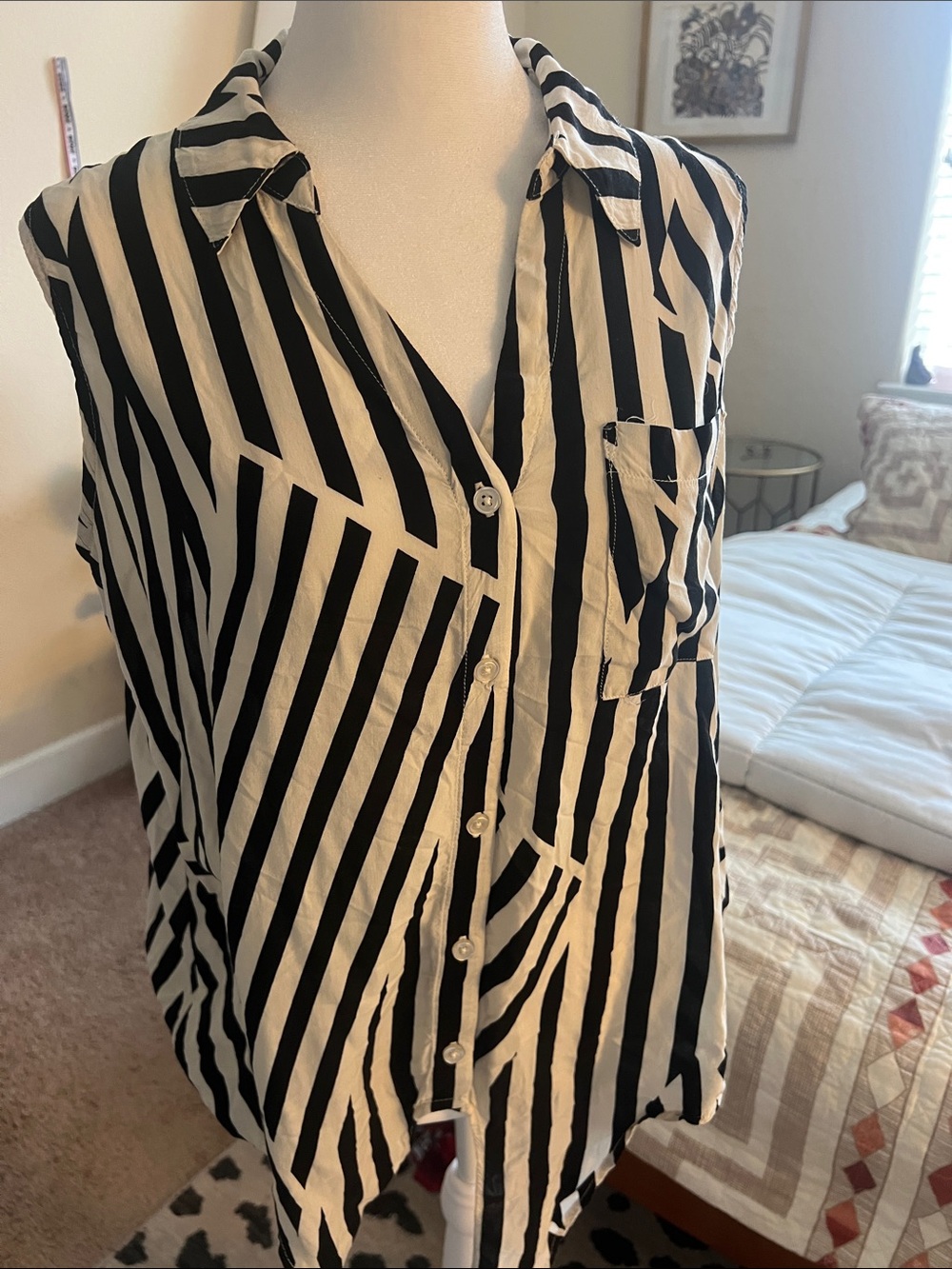 Cato Black and White Striped Sleeveless Button-Front Tank